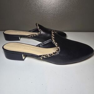 Karl Lagerfeld Paris Black Slip On Shoes Mules Size 9.5 Charlot Gold Chain Trim